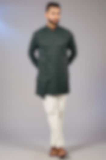 Bottle Green Cotton Silk Draped Kurta by Dhruv Vaish at Pernia's Pop Up Shop
