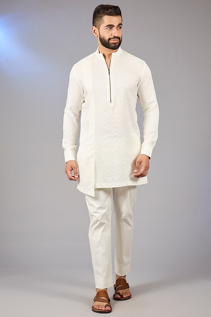 Ivory Cotton Silk Draped Kurta by Dhruv Vaish at Pernia's Pop Up Shop