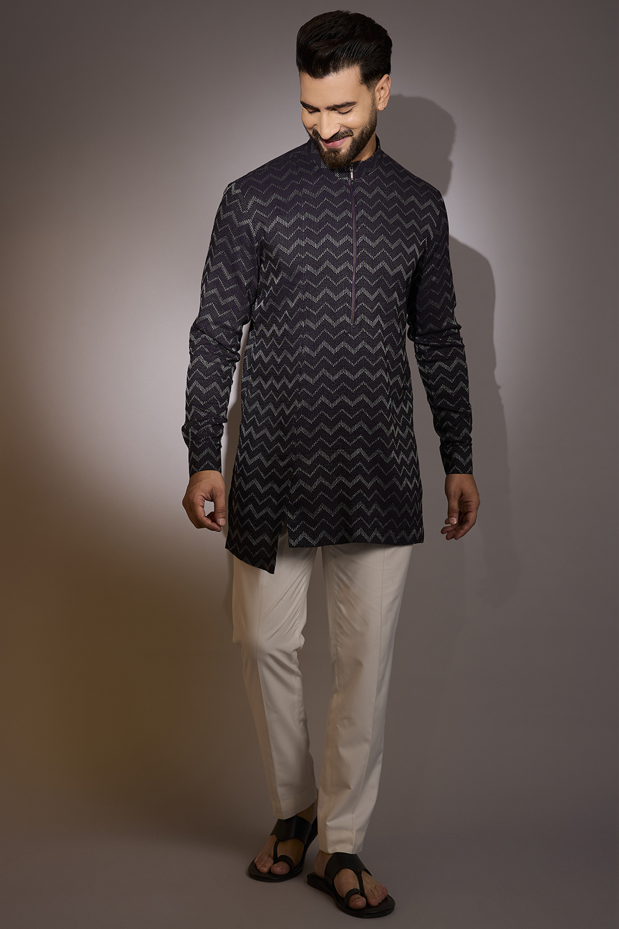 Midnight Purple Cotton Silk Asymmetric Kurta Set by Dhruv Vaish