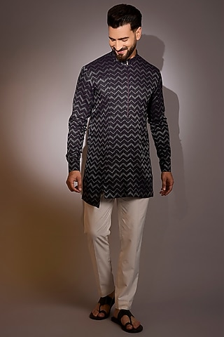 Midnight Purple Cotton Silk Asymmetric Kurta by Dhruv Vaish