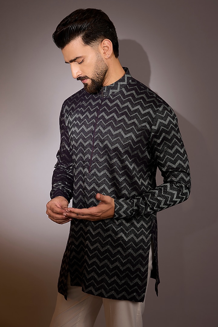 Midnight Purple Cotton Silk Asymmetric Kurta by Dhruv Vaish at Pernia's Pop Up Shop