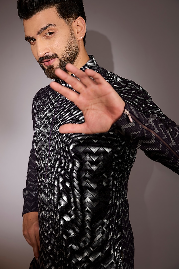 Midnight Purple Cotton Silk Asymmetric Kurta by Dhruv Vaish at Pernia's Pop Up Shop