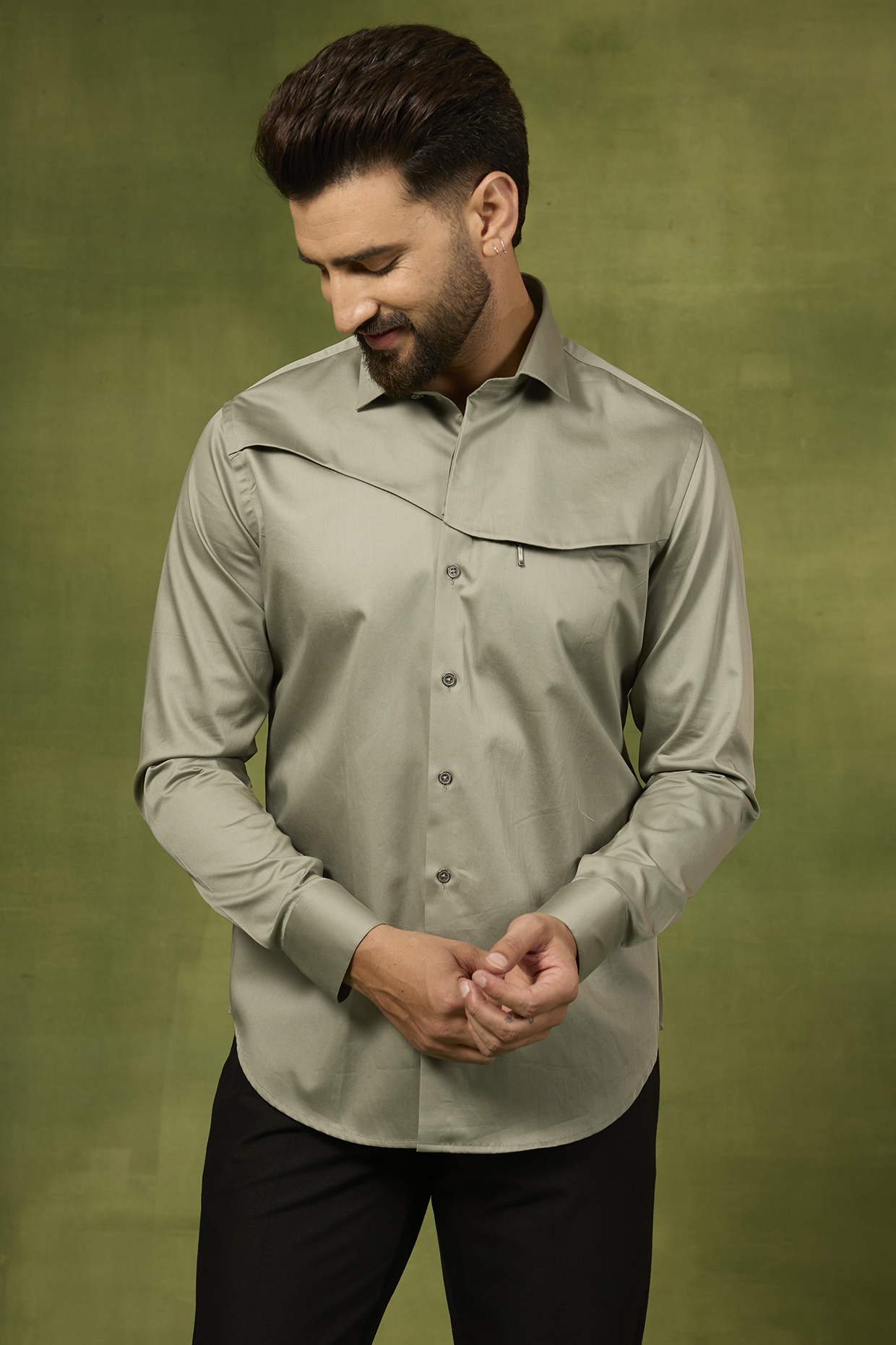 Sage Cotton Satin Shirt by Dhruv Vaish