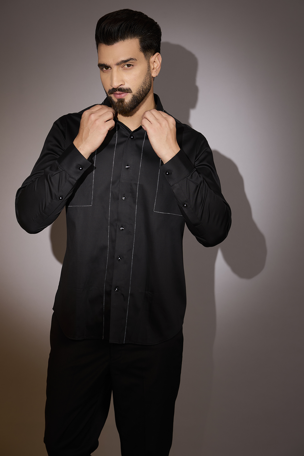 Black Cotton Satin Shirt by Dhruv Vaish