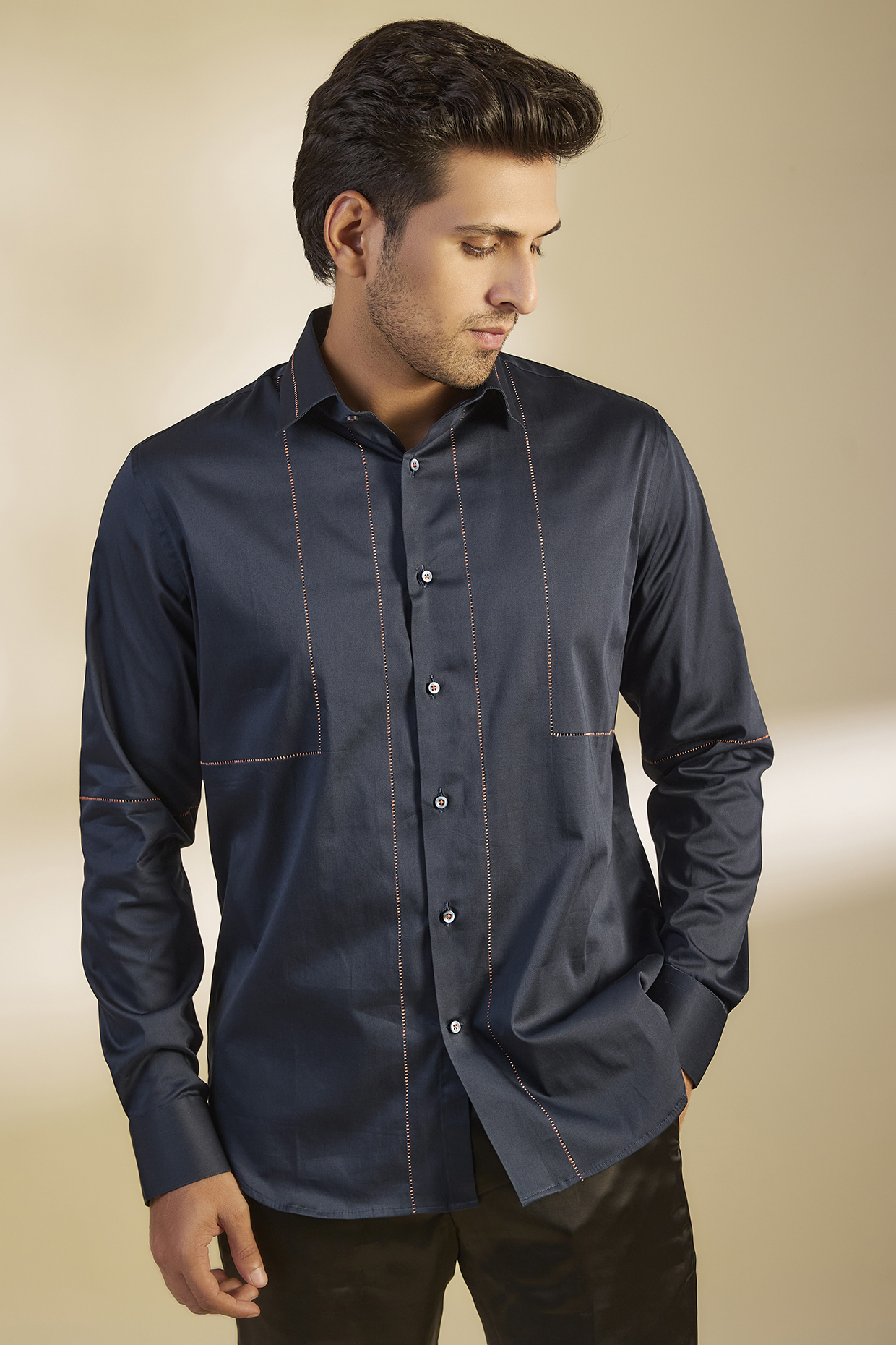 Navy Blue Cotton Satin Shirt by Dhruv Vaish