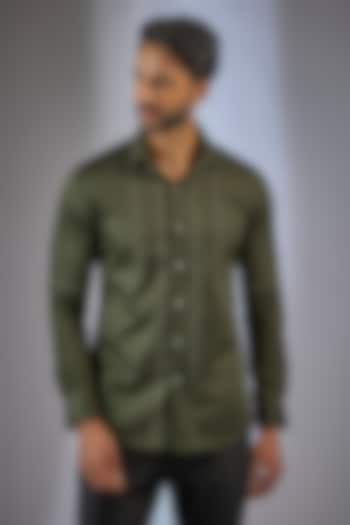 Olive Cotton Satin Shirt by Dhruv Vaish at Pernia's Pop Up Shop