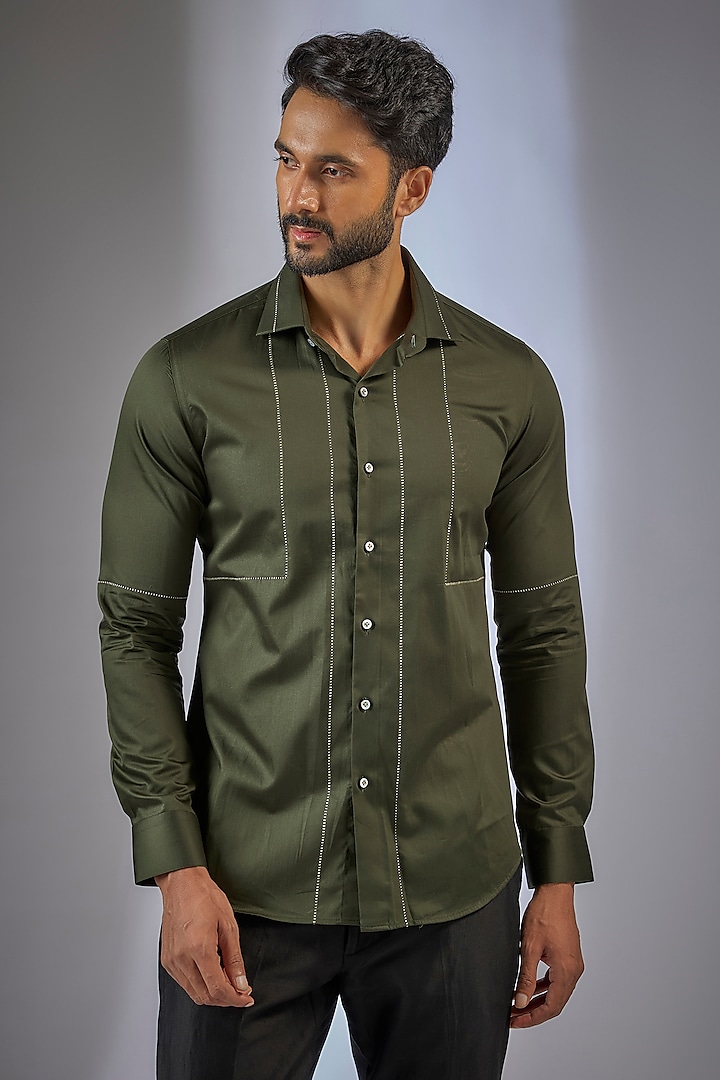 Olive Cotton Satin Shirt by Dhruv Vaish at Pernia's Pop Up Shop