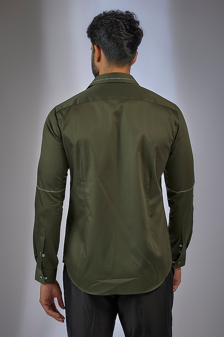 Olive Cotton Satin Shirt by Dhruv Vaish at Pernia's Pop Up Shop