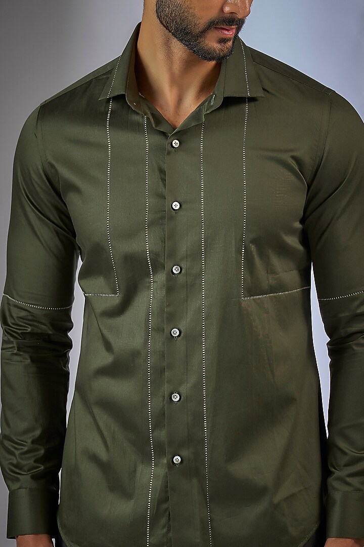 Olive Cotton Satin Shirt by Dhruv Vaish at Pernia's Pop Up Shop