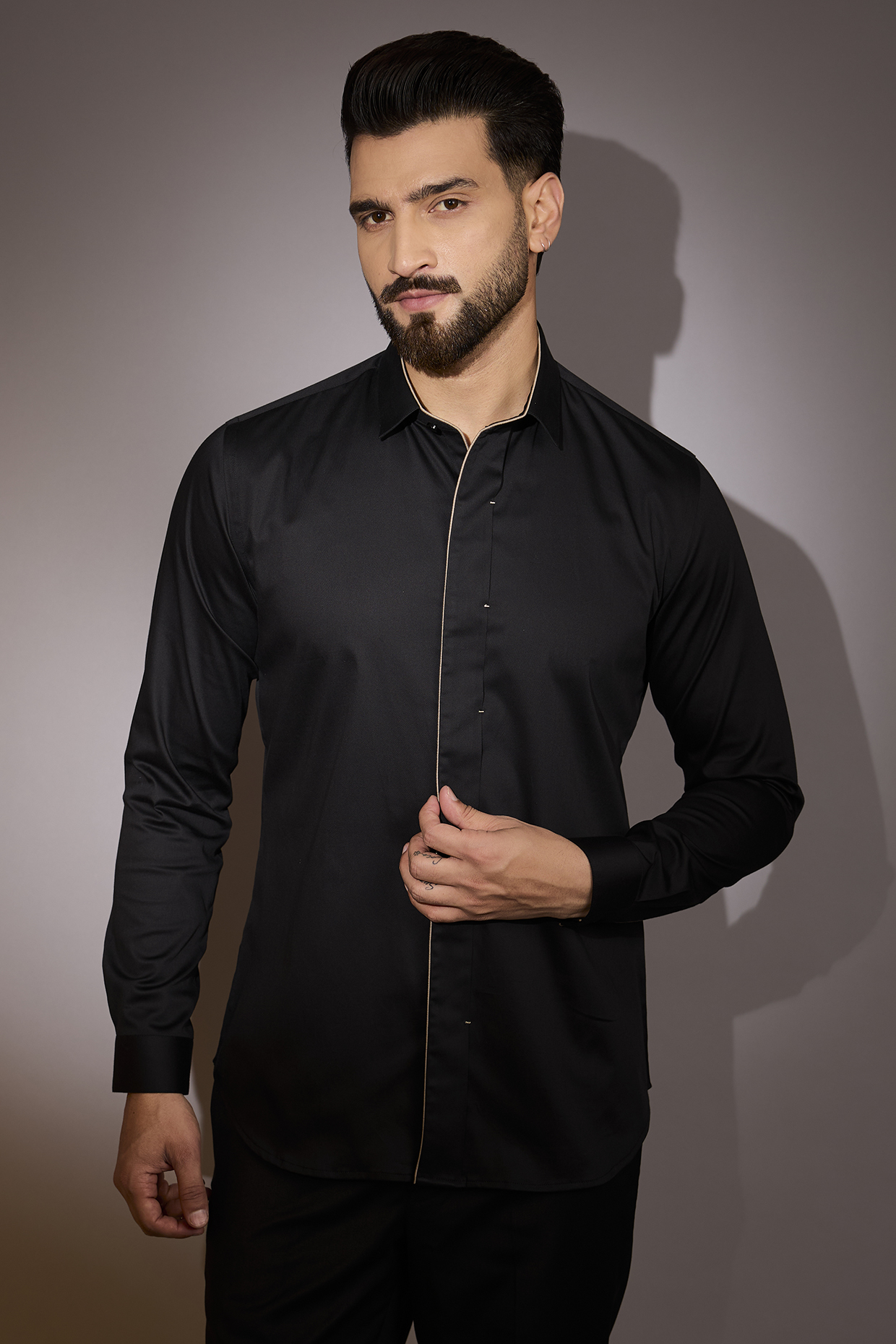 Black Cotton Satin Shirt by Dhruv Vaish