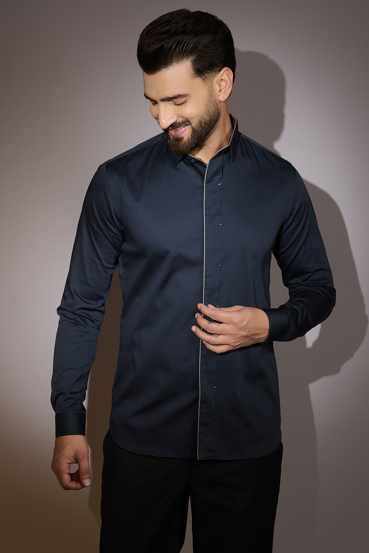Navy Blue Cotton Satin Shirt by Dhruv Vaish