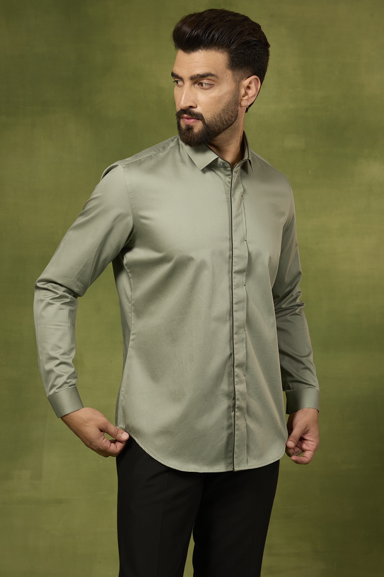 Sage Cotton Satin Shirt by Dhruv Vaish