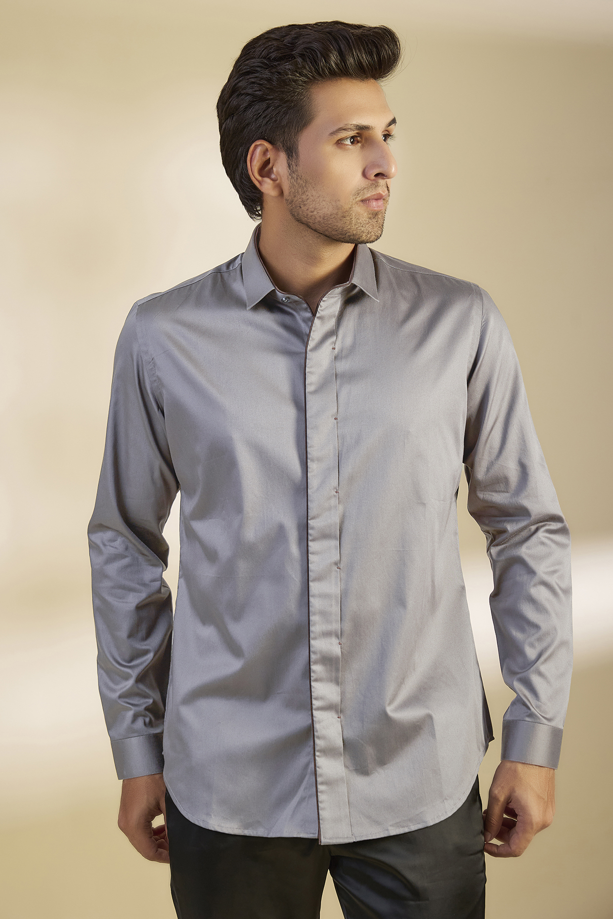 Smoke Grey Cotton Satin Shirt by Dhruv Vaish