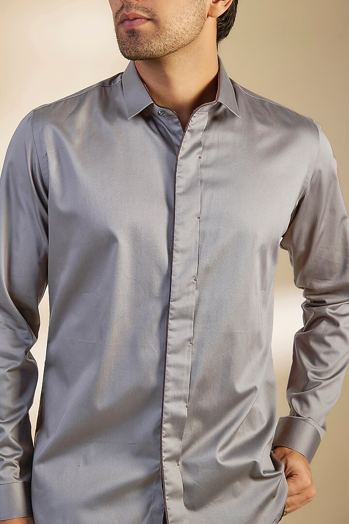 Smoke Grey Cotton Satin Party Wear Shirt by Dhruv Vaish at Pernia's Pop Up Shop