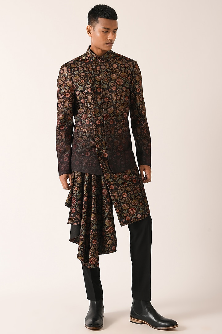 Black Silk Floral Wedding Indowestern Set by Dhruv Vaish at Pernia's Pop Up Shop