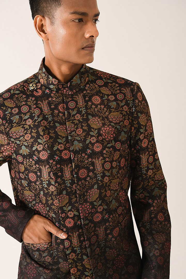 Black Silk Floral Wedding Indowestern Set by Dhruv Vaish at Pernia's Pop Up Shop