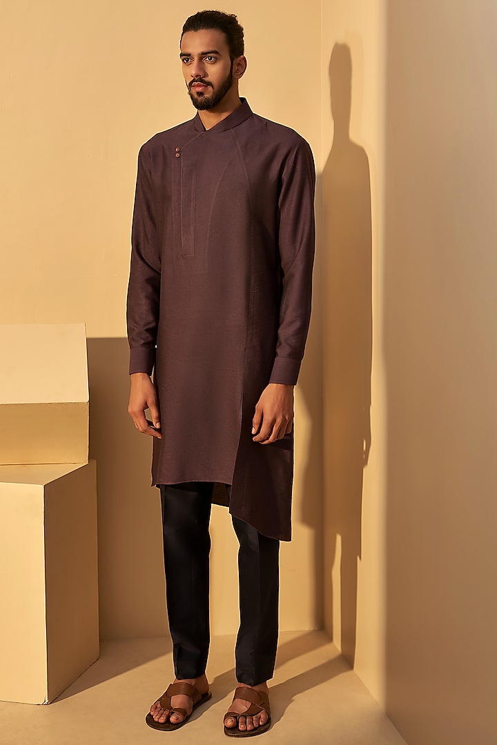 Shadow Plum Cotton Silk Asymmetrical Kurta Set by Dhruv Vaish