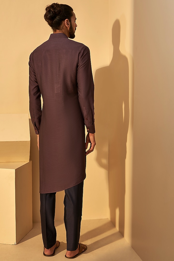 Shadow Plum Cotton Silk Asymmetric Paneled Kurta Set by Dhruv Vaish at Pernia's Pop Up Shop