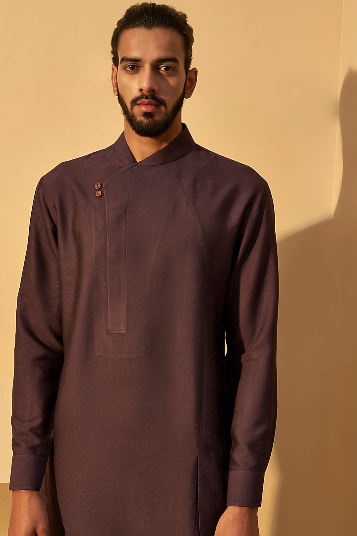 Shadow Plum Cotton Silk Asymmetric Paneled Kurta Set by Dhruv Vaish at Pernia's Pop Up Shop