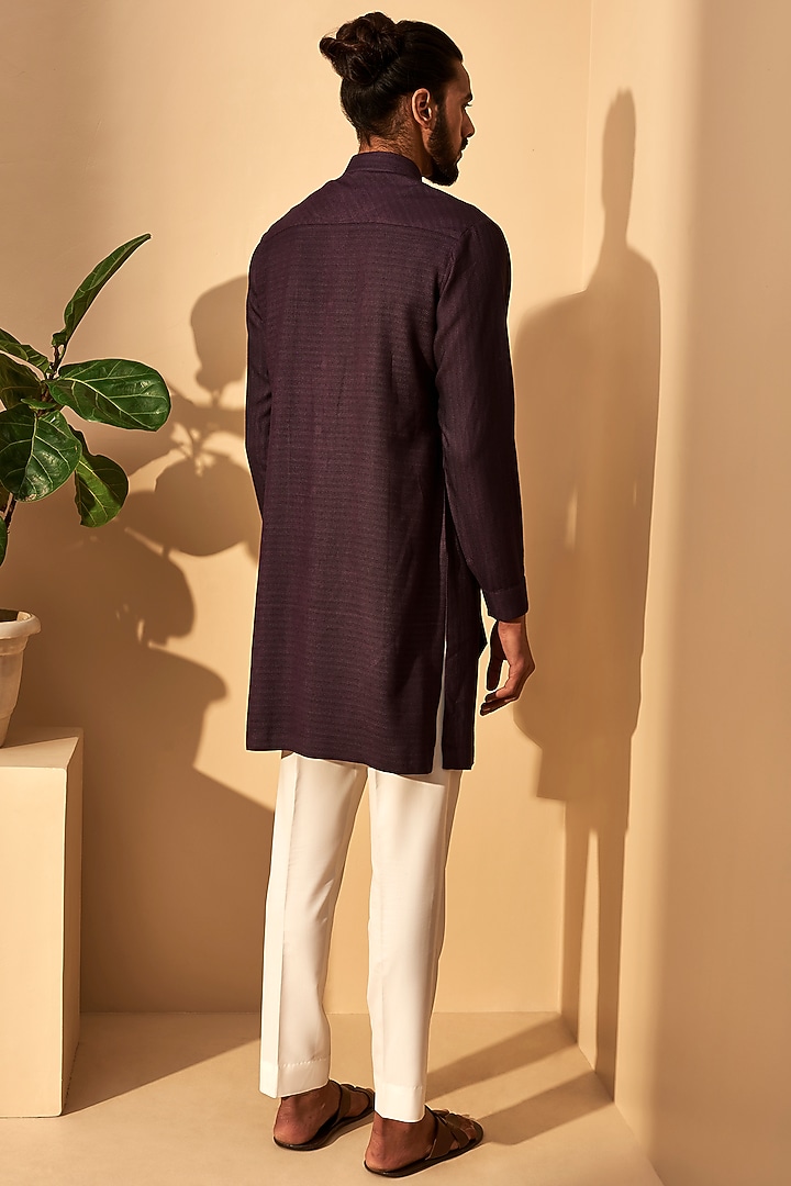 Shadow Plum Herringbone Cotton Silk Kurta Set by Dhruv Vaish at Pernia's Pop Up Shop
