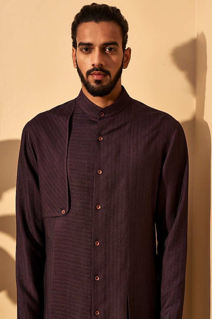 Shadow Plum Herringbone Cotton Silk Kurta Set by Dhruv Vaish at Pernia's Pop Up Shop
