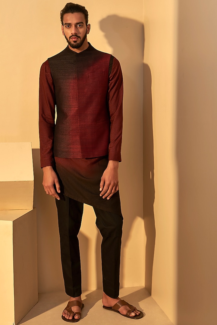 Port Black Handloom Silk Dip Dyed Jawahar Jacket by Dhruv Vaish at Pernia's Pop Up Shop