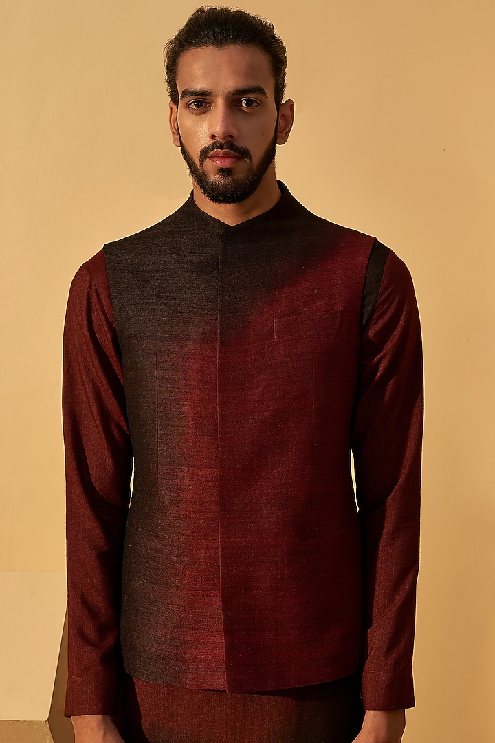 Port Black Handloom Silk Dip Dyed Jawahar Jacket by Dhruv Vaish at Pernia's Pop Up Shop