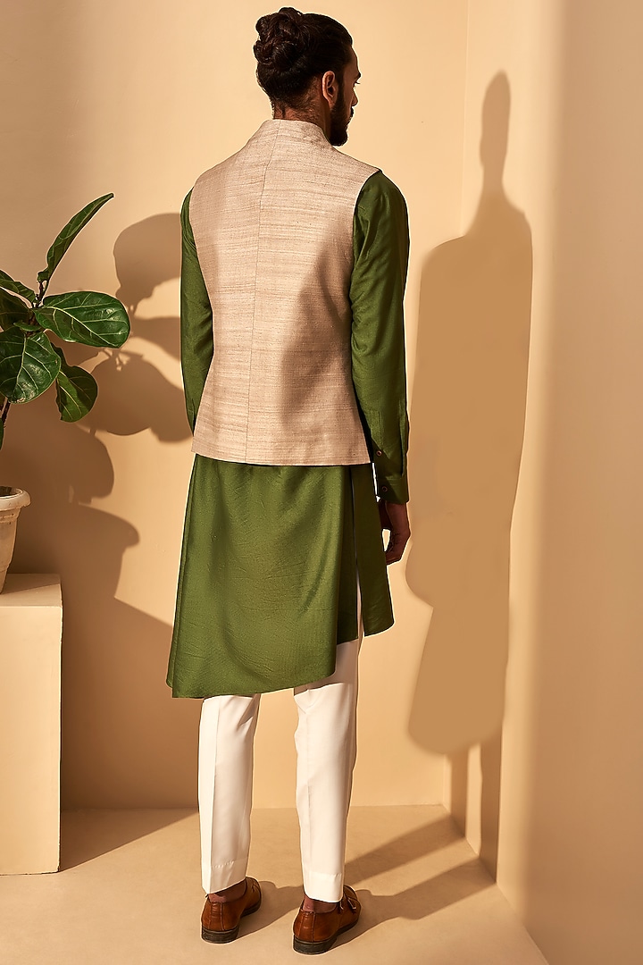 Silver-Olive Handloom Silk Dip-Dyed Nehru Jacket by Dhruv Vaish at Pernia's Pop Up Shop