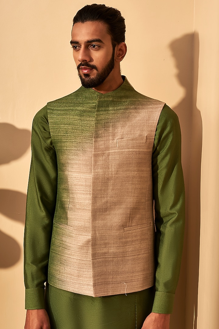 Silver-Olive Handloom Silk Dip-Dyed Nehru Jacket by Dhruv Vaish at Pernia's Pop Up Shop