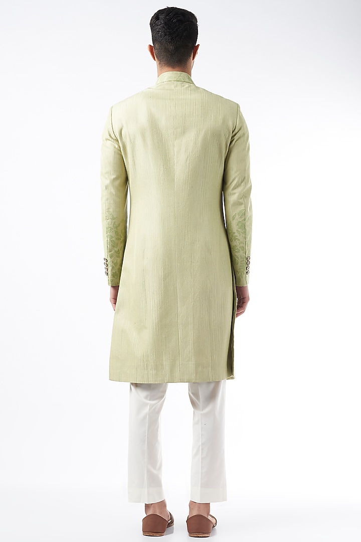 Pale Mint Silk & Terry Rayon Thread Embroidered Groom Sherwani Set by Dhruv Vaish at Pernia's Pop Up Shop