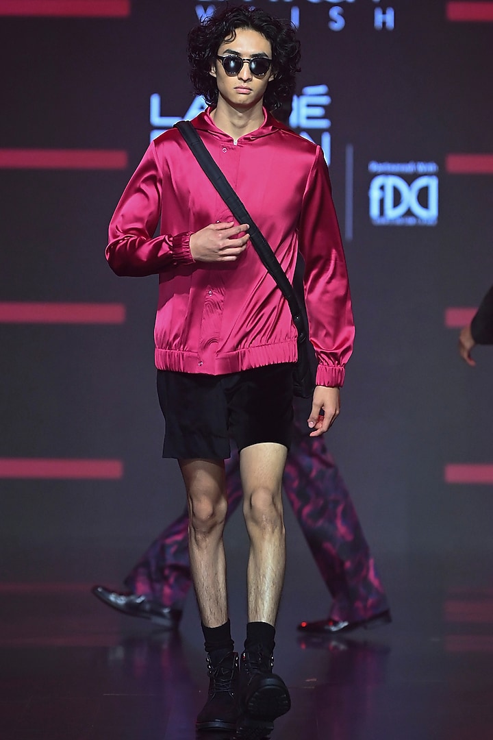 Rock Red Satin Bomber Jacket by Dhruv Vaish at Pernia's Pop Up Shop