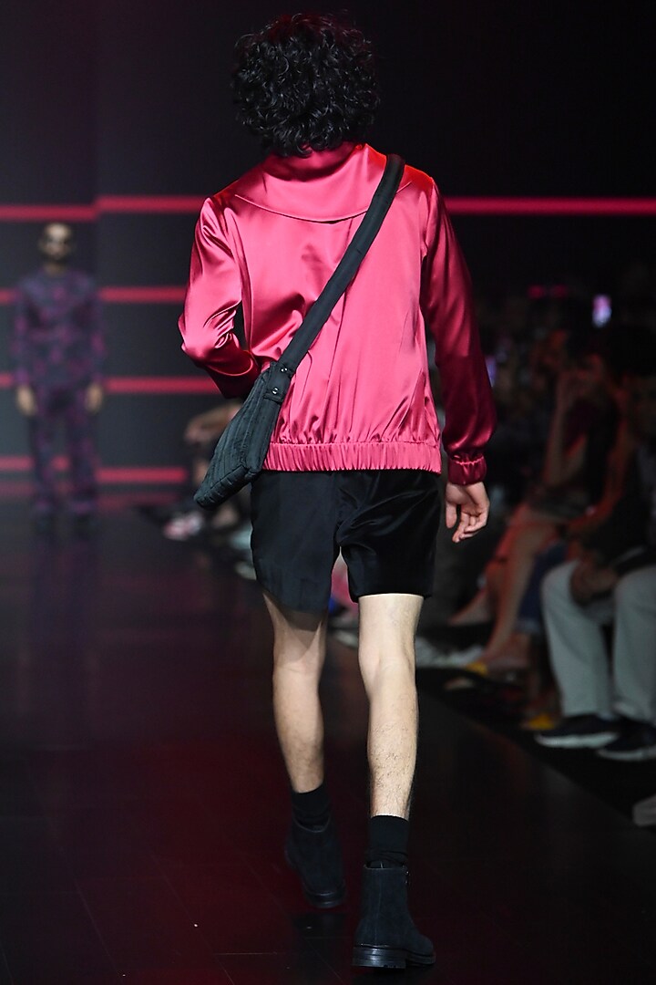 Rock Red Satin Bomber Jacket by Dhruv Vaish at Pernia's Pop Up Shop