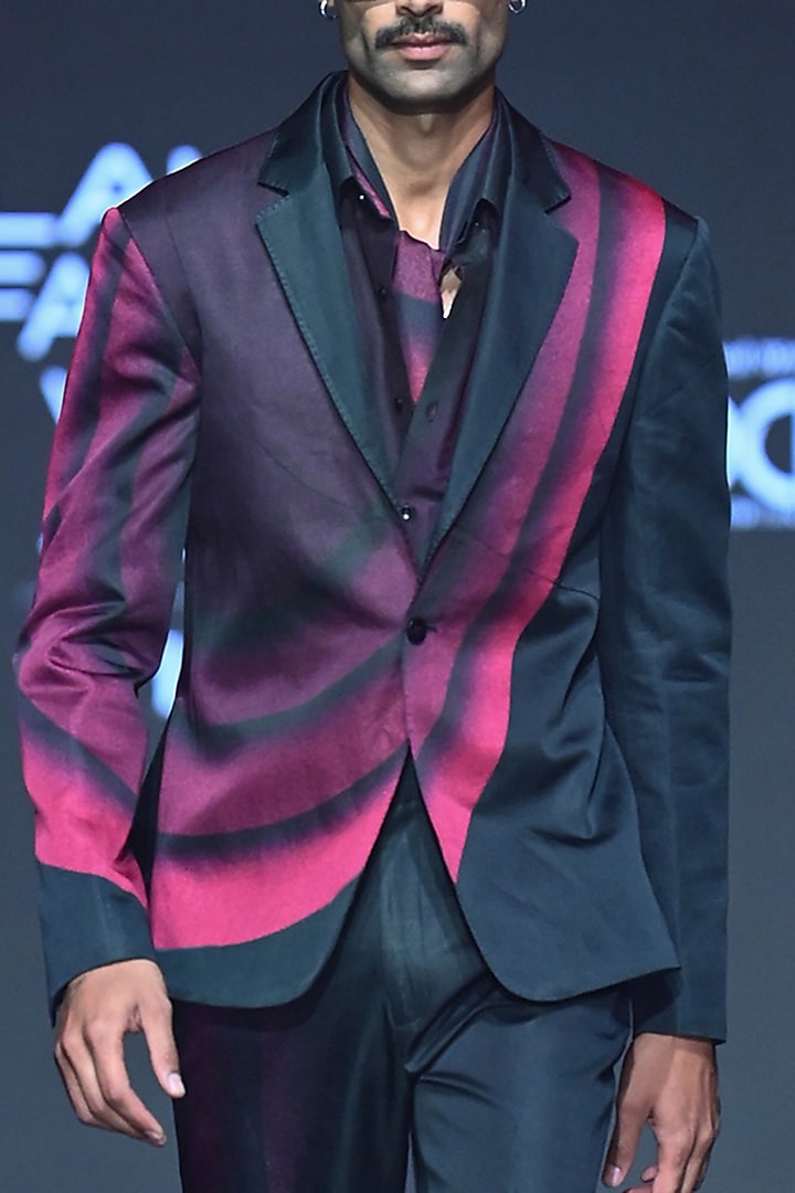 Black & Pink Viscose Satin Printed Jacket Set by Dhruv Vaish at Pernia's Pop Up Shop