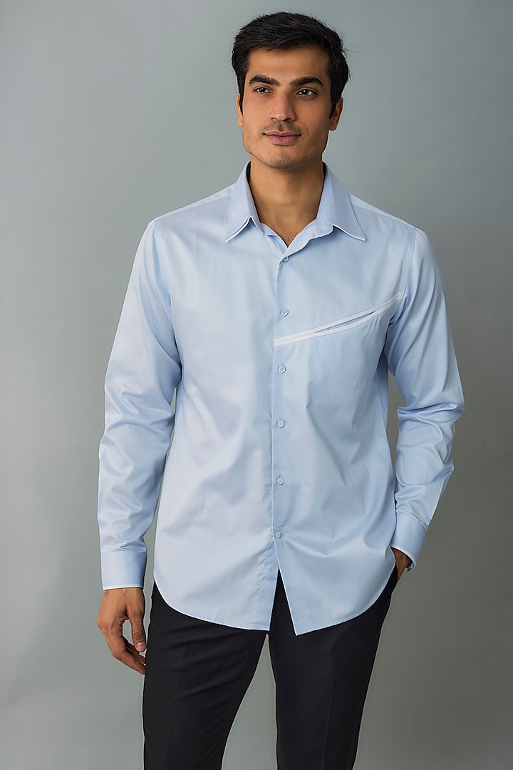 Ice Blue Cotton Satin Party Wear Shirt by Dhruv Vaish at Pernia's Pop Up Shop