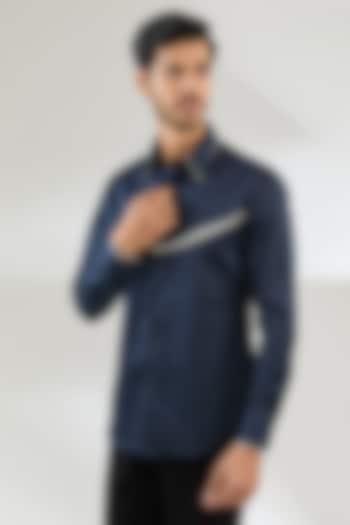 Navy Blue Cotton Satin Party Wear Shirt by Dhruv Vaish at Pernia's Pop Up Shop