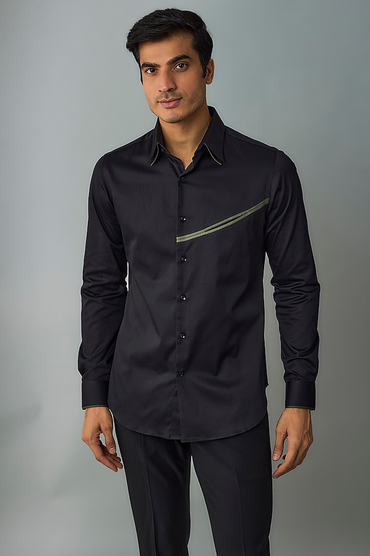 Black Cotton Satin Party Wear Shirt by Dhruv Vaish at Pernia's Pop Up Shop