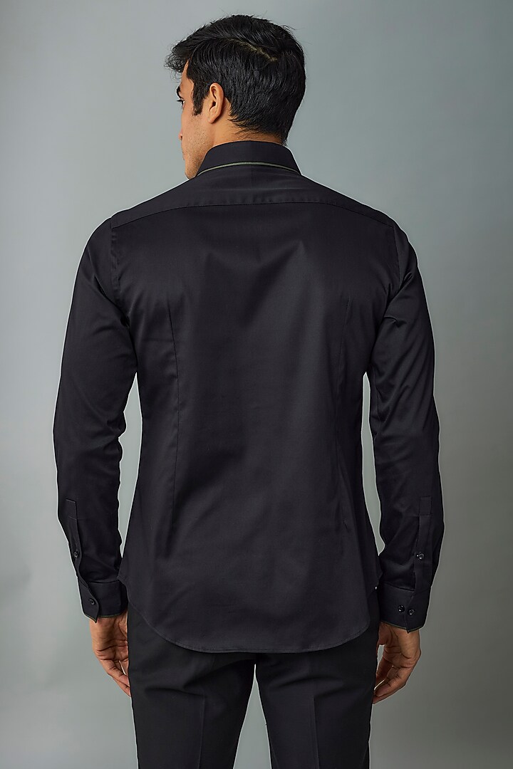 Black Cotton Satin Party Wear Shirt by Dhruv Vaish at Pernia's Pop Up Shop