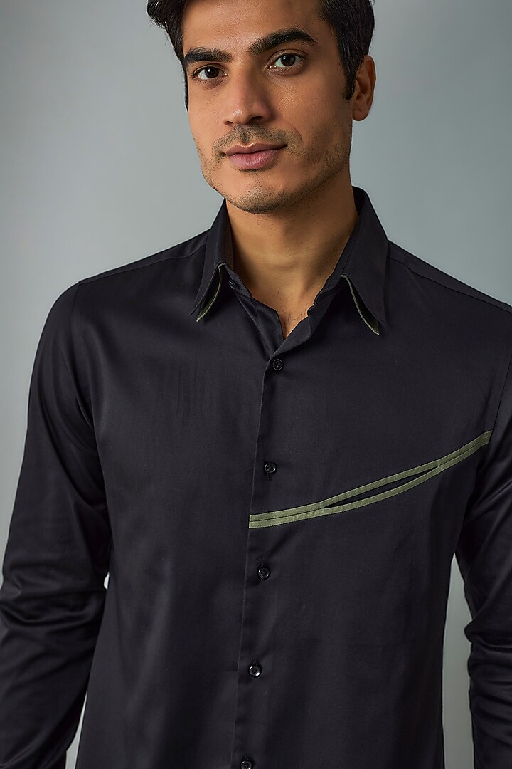 Black Cotton Satin Party Wear Shirt by Dhruv Vaish at Pernia's Pop Up Shop