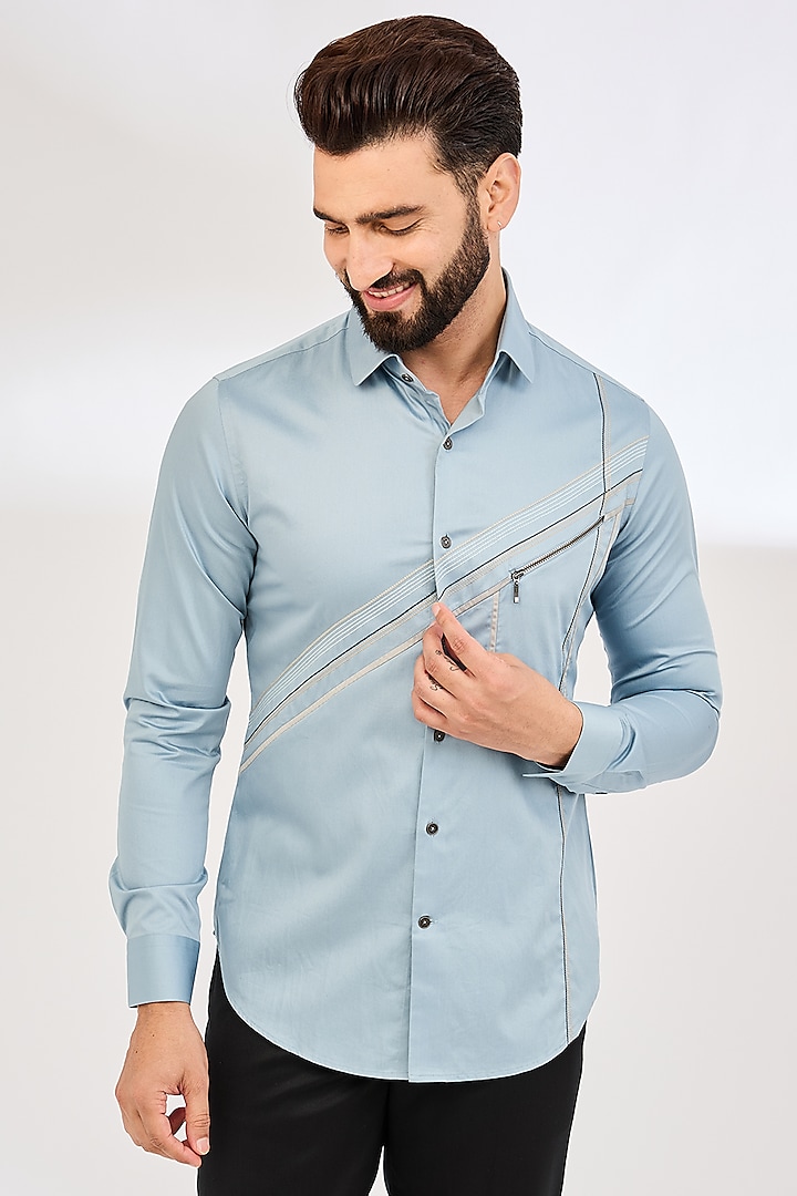 Blue Haze Cotton Satin Shirt by Dhruv Vaish