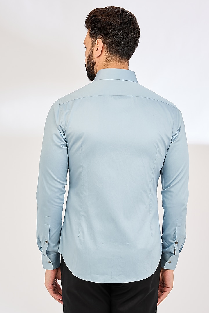 Blue Haze Cotton Satin Party Wear Shirt by Dhruv Vaish at Pernia's Pop Up Shop
