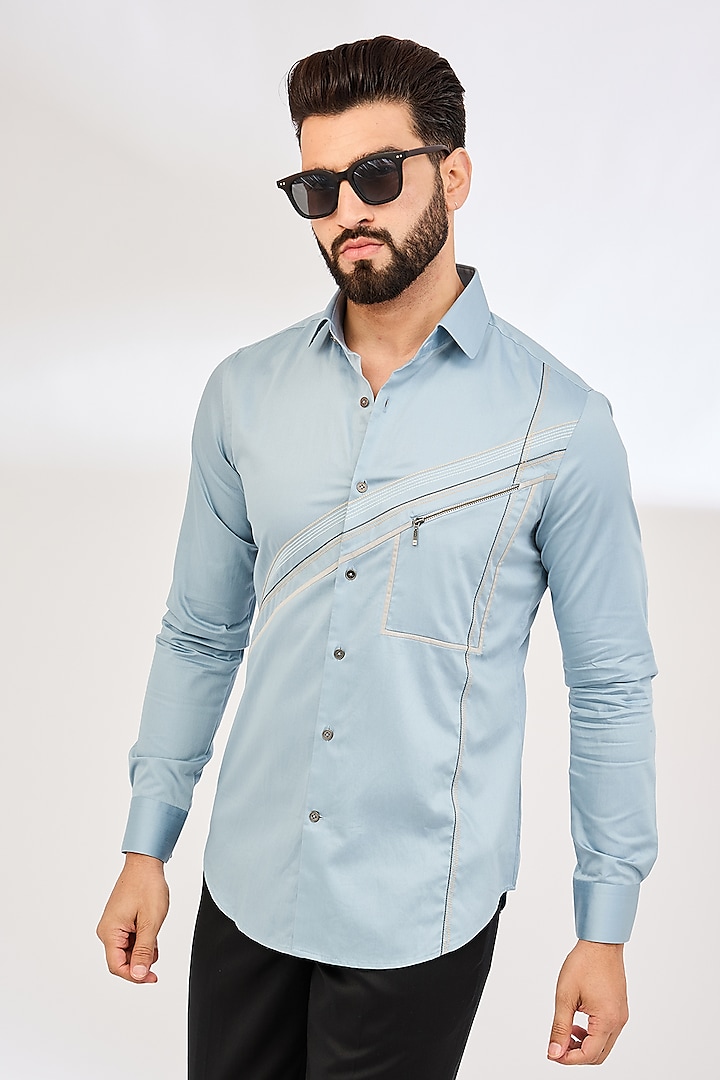 Blue Haze Cotton Satin Party Wear Shirt by Dhruv Vaish at Pernia's Pop Up Shop