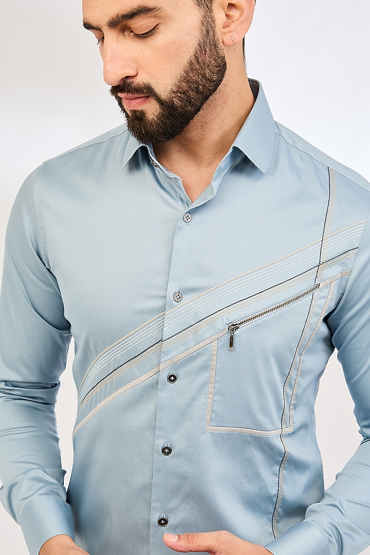 Blue Haze Cotton Satin Party Wear Shirt by Dhruv Vaish at Pernia's Pop Up Shop