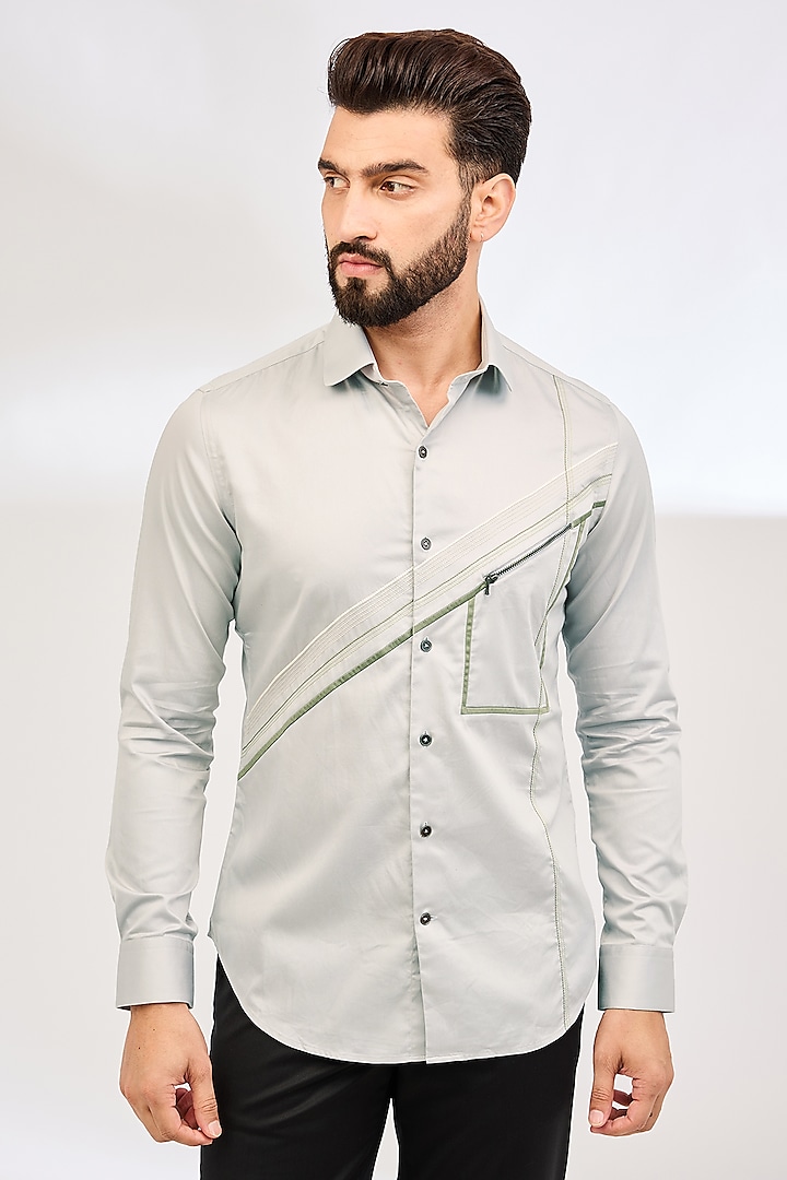 Silver Cotton Satin Shirt by Dhruv Vaish at Pernia's Pop Up Shop