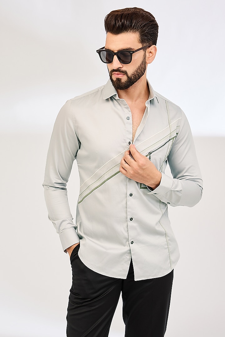 Silver Cotton Satin Party Wear Shirt by Dhruv Vaish at Pernia's Pop Up Shop