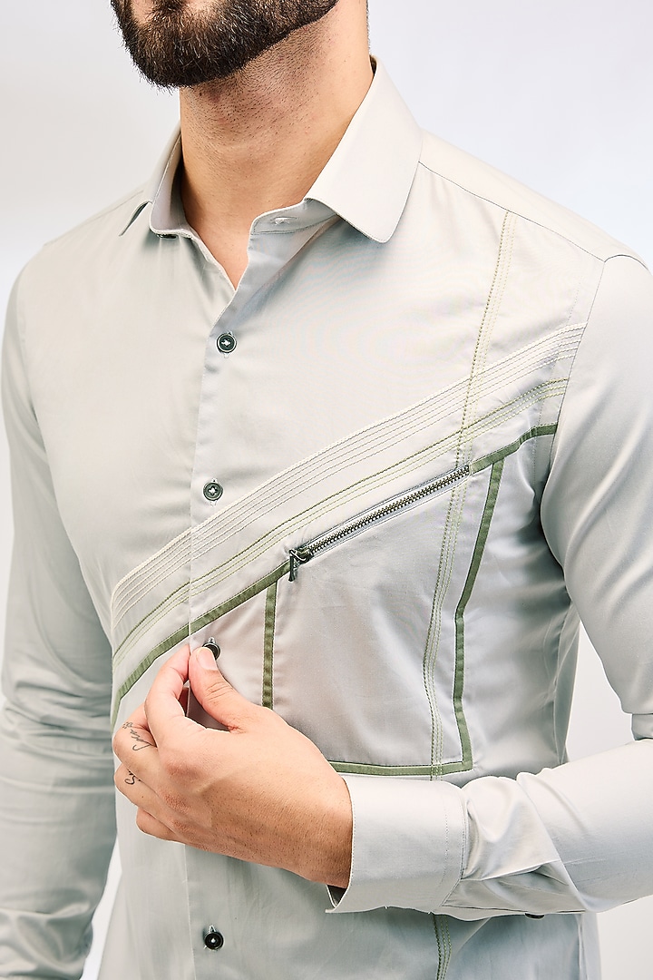 Silver Cotton Satin Party Wear Shirt by Dhruv Vaish at Pernia's Pop Up Shop