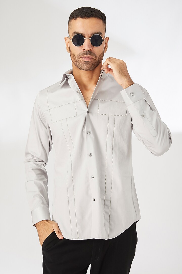 Grey Cotton Satin Party Wear Shirt by Dhruv Vaish at Pernia's Pop Up Shop
