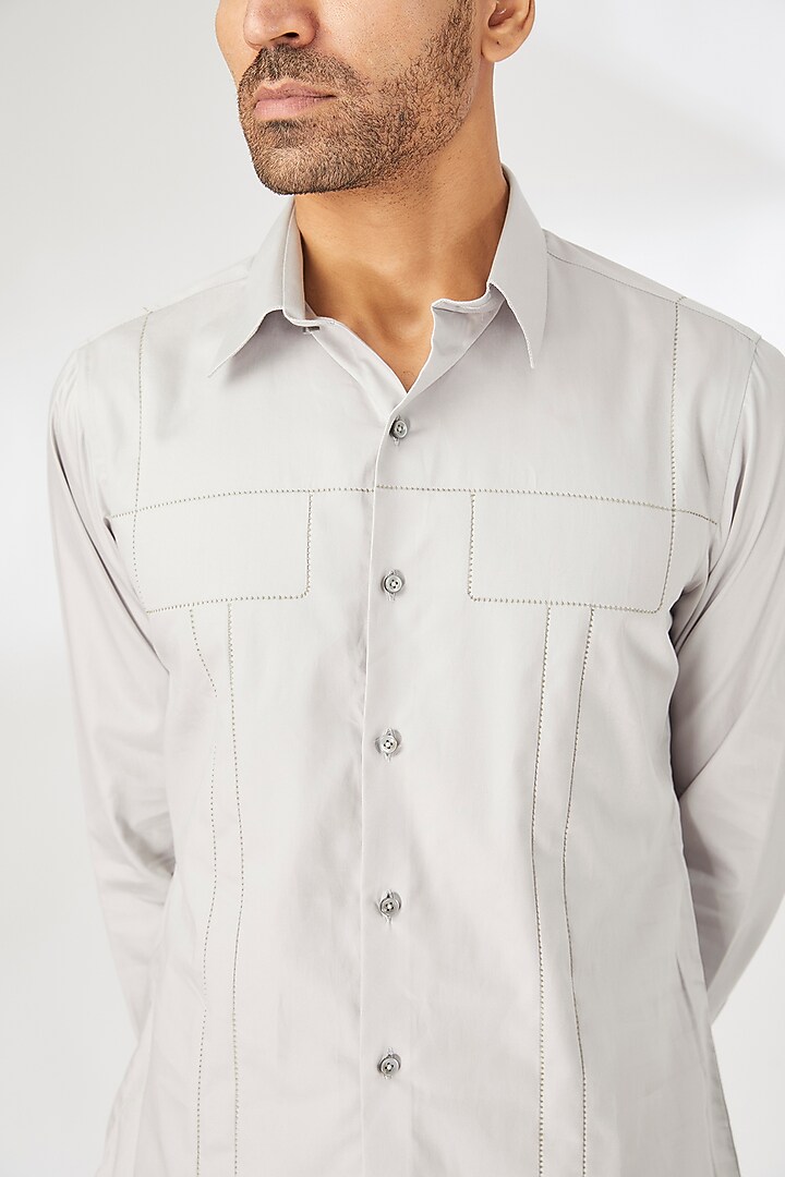 Grey Cotton Satin Party Wear Shirt by Dhruv Vaish at Pernia's Pop Up Shop