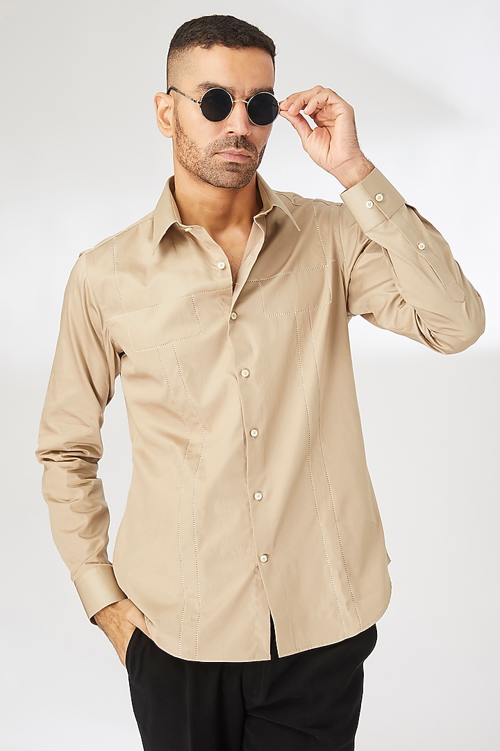 Beige Cotton Satin Party Wear Shirt by Dhruv Vaish at Pernia's Pop Up Shop