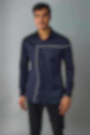 Navy Cotton Satin Party Wear Shirt by Dhruv Vaish at Pernia's Pop Up Shop