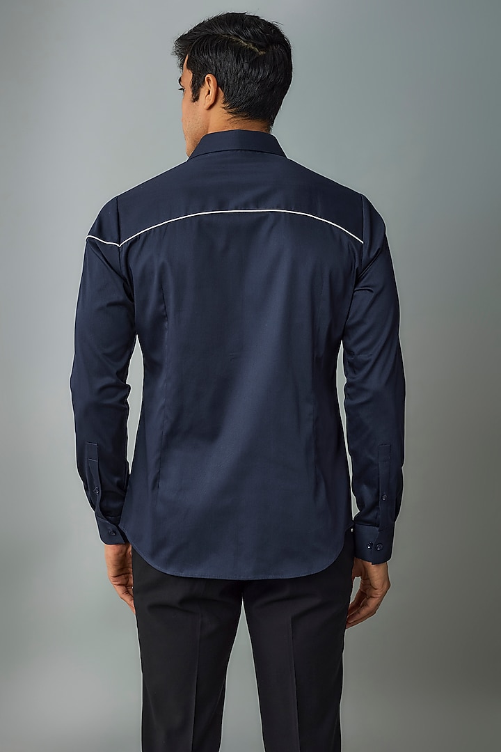 Navy Cotton Satin Party Wear Shirt by Dhruv Vaish at Pernia's Pop Up Shop